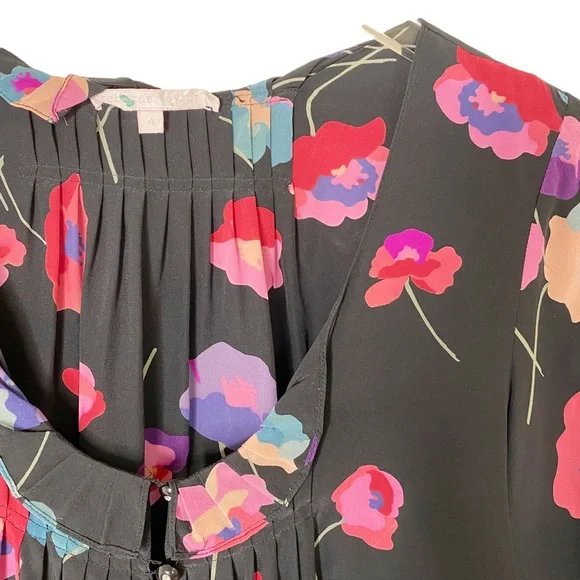 Rebecca Taylor Silk Black Floral Smocked Pleated Blouse Top 4 - Picture 3 of 8